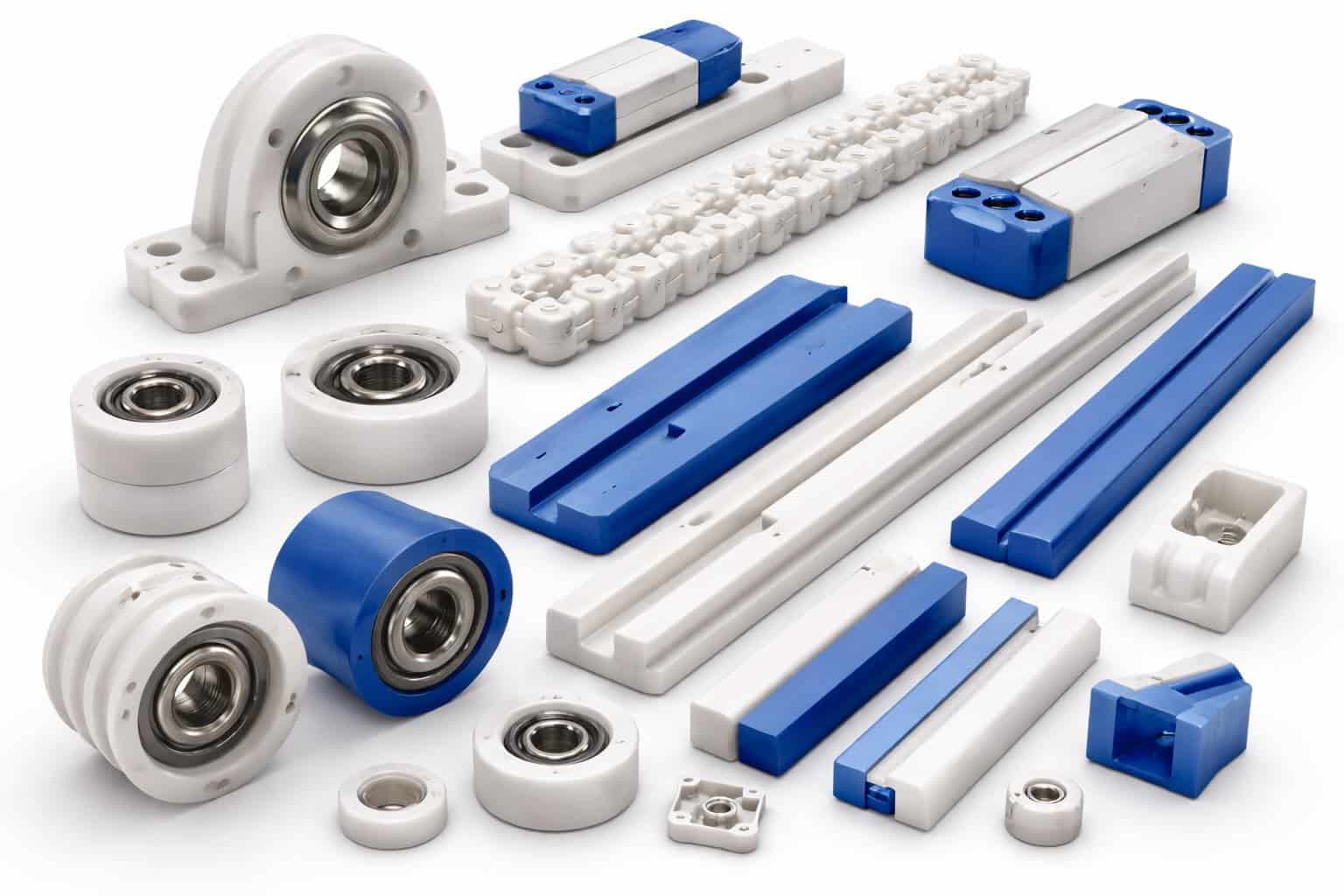 Industrial plastic components on white backdrop